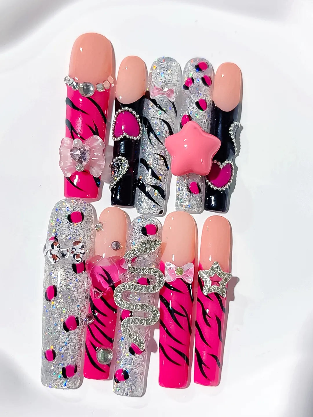Pink Black White Silver Abstract Flower Bow Rhinestone 3D press on nails detail view