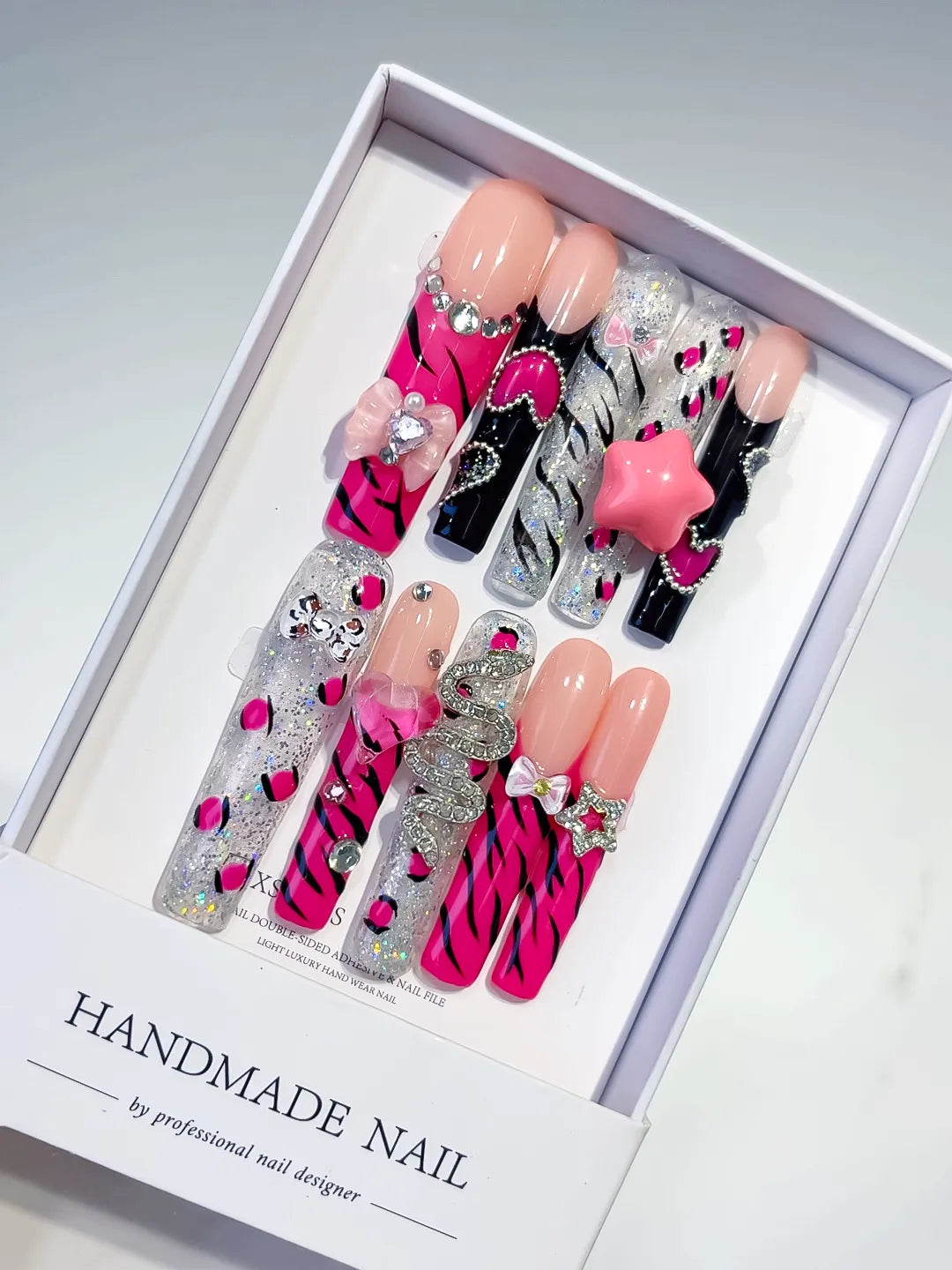 Pink Black White Silver Abstract Flower Bow Rhinestone 3D press on nails