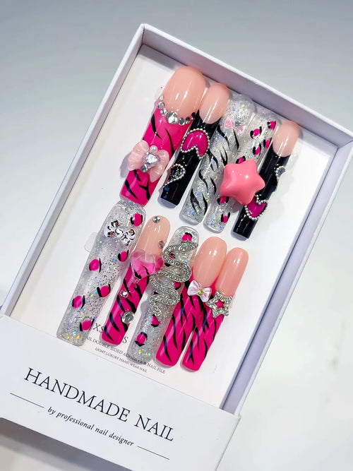 Pink Black White Silver Abstract Flower Bow Rhinestone 3D press on nails