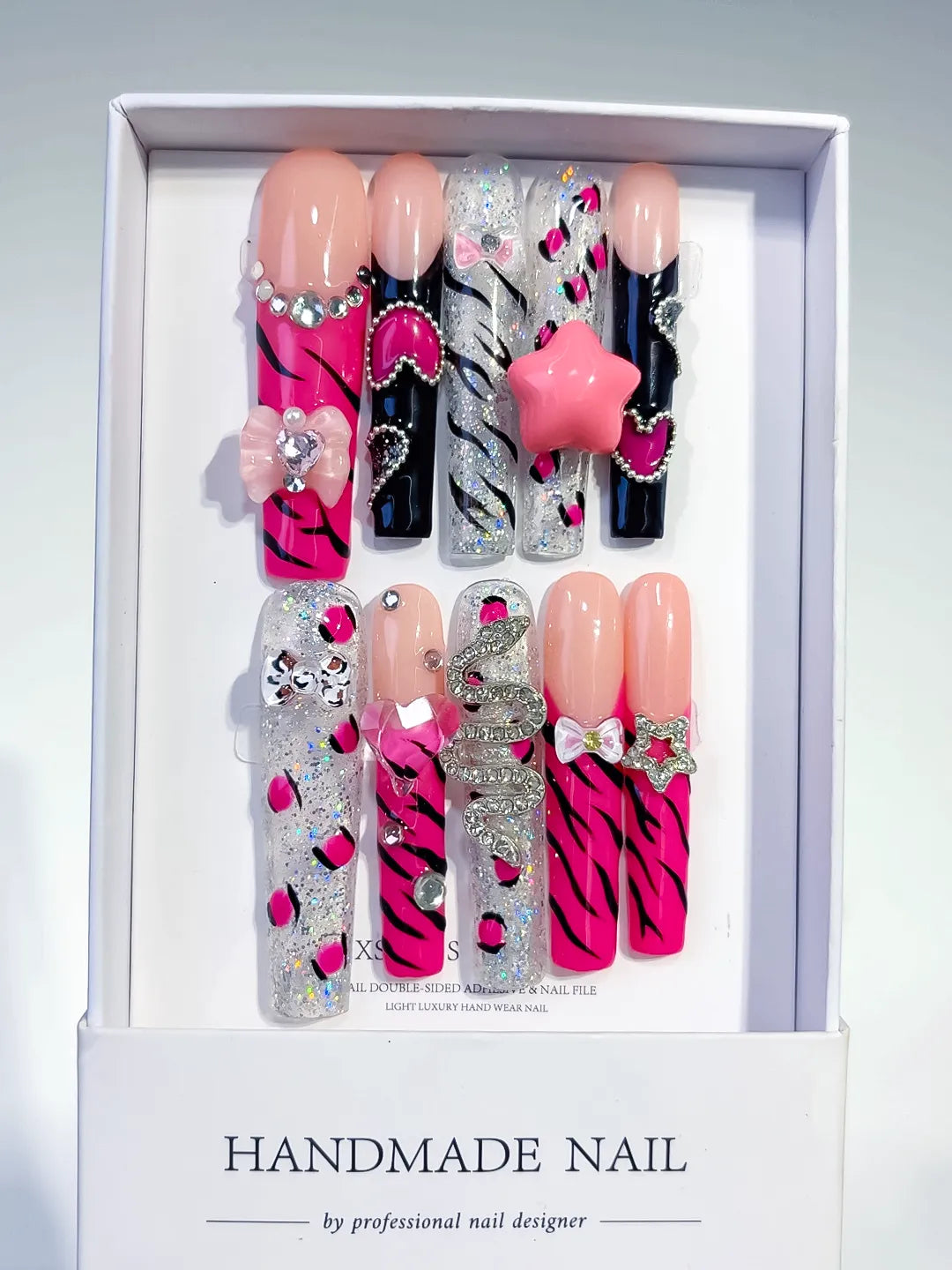 Pink Black White Silver Abstract Flower Bow Rhinestone 3D press on nails full set view