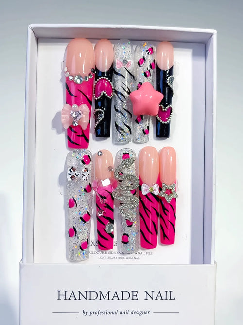 Pink Black White Silver Abstract Flower Bow Rhinestone 3D press on nails full set view