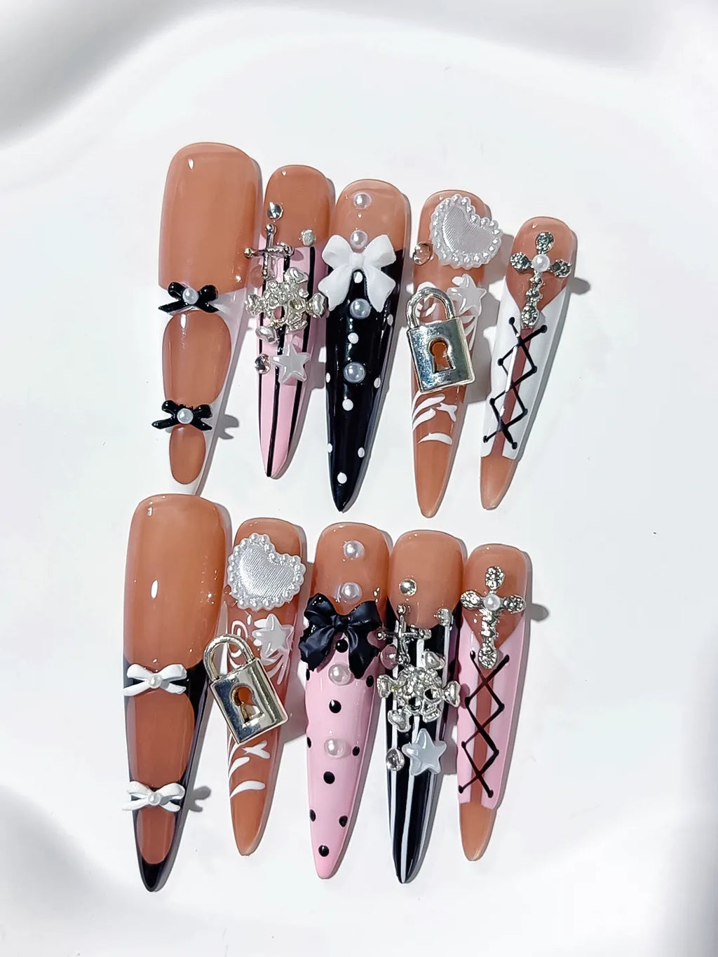 Nude Silver Black Solid color Rhinestone Crystal Cluster press on nails close up