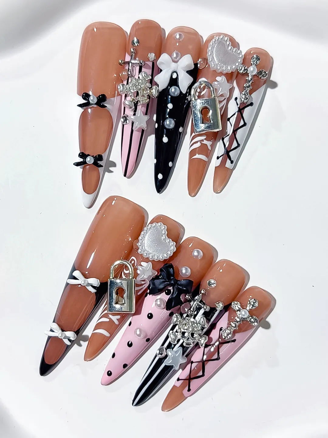 Nude Silver Black Solid color Rhinestone Crystal Cluster press on nails detail view