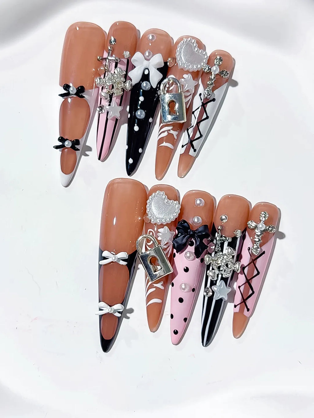 Nude Silver Black Solid color Rhinestone Crystal Cluster press on nails detail view
