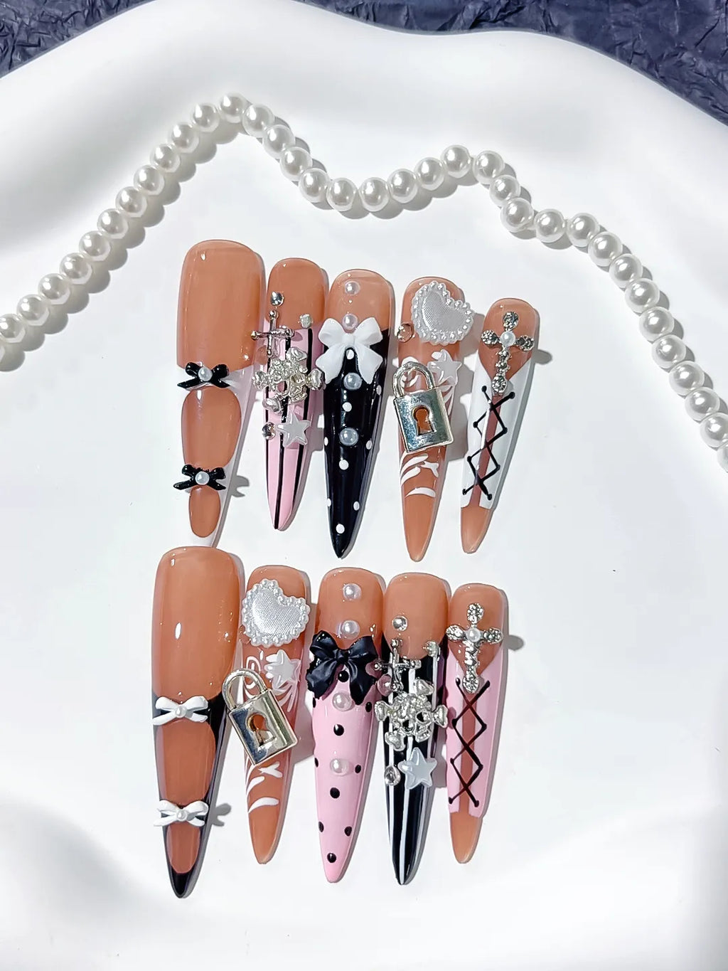 Nude Silver Black Solid color Rhinestone Crystal Cluster press on nails detail view