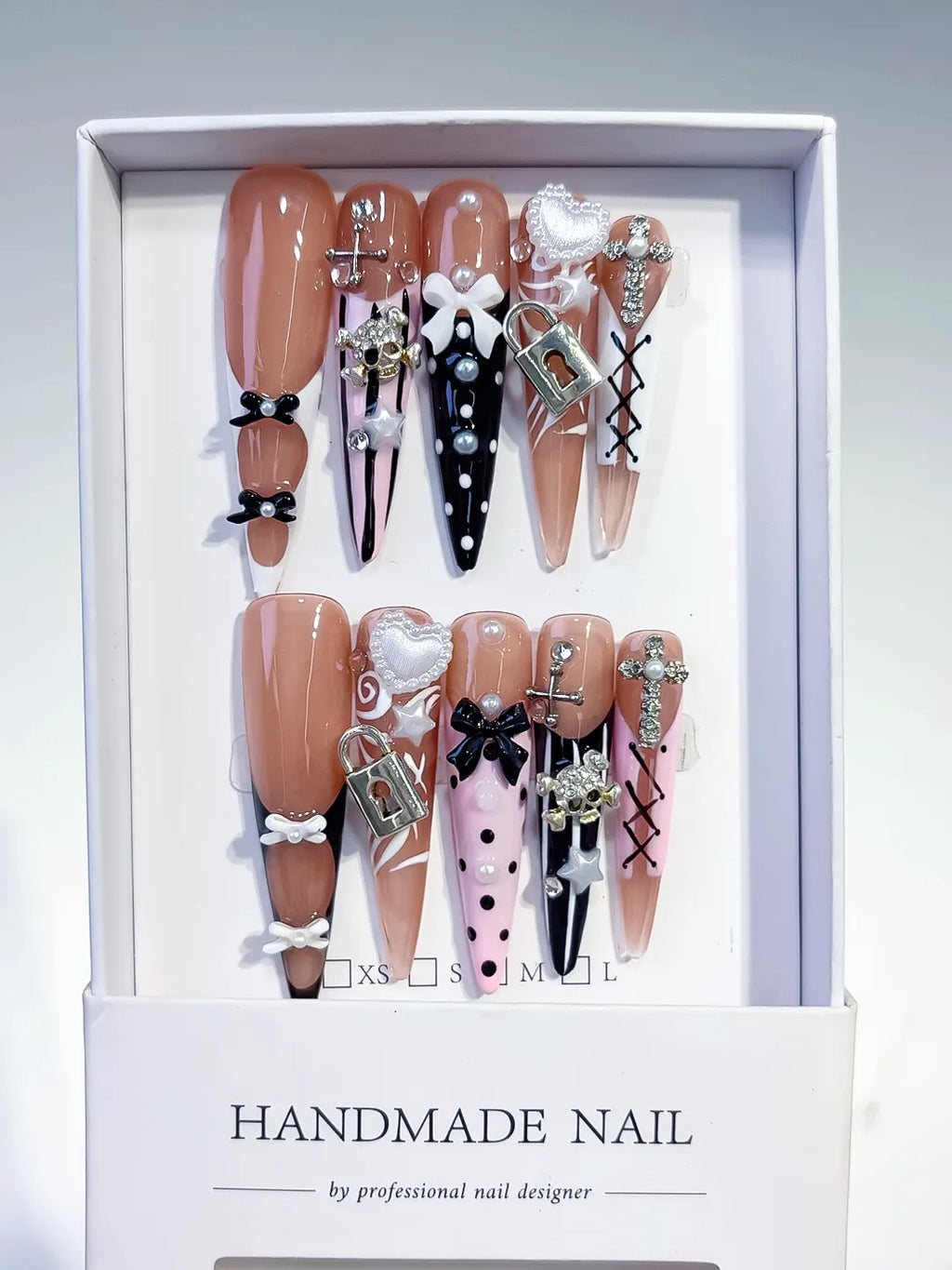 Nude Silver Black Solid color Rhinestone Crystal Cluster press on nails full set view