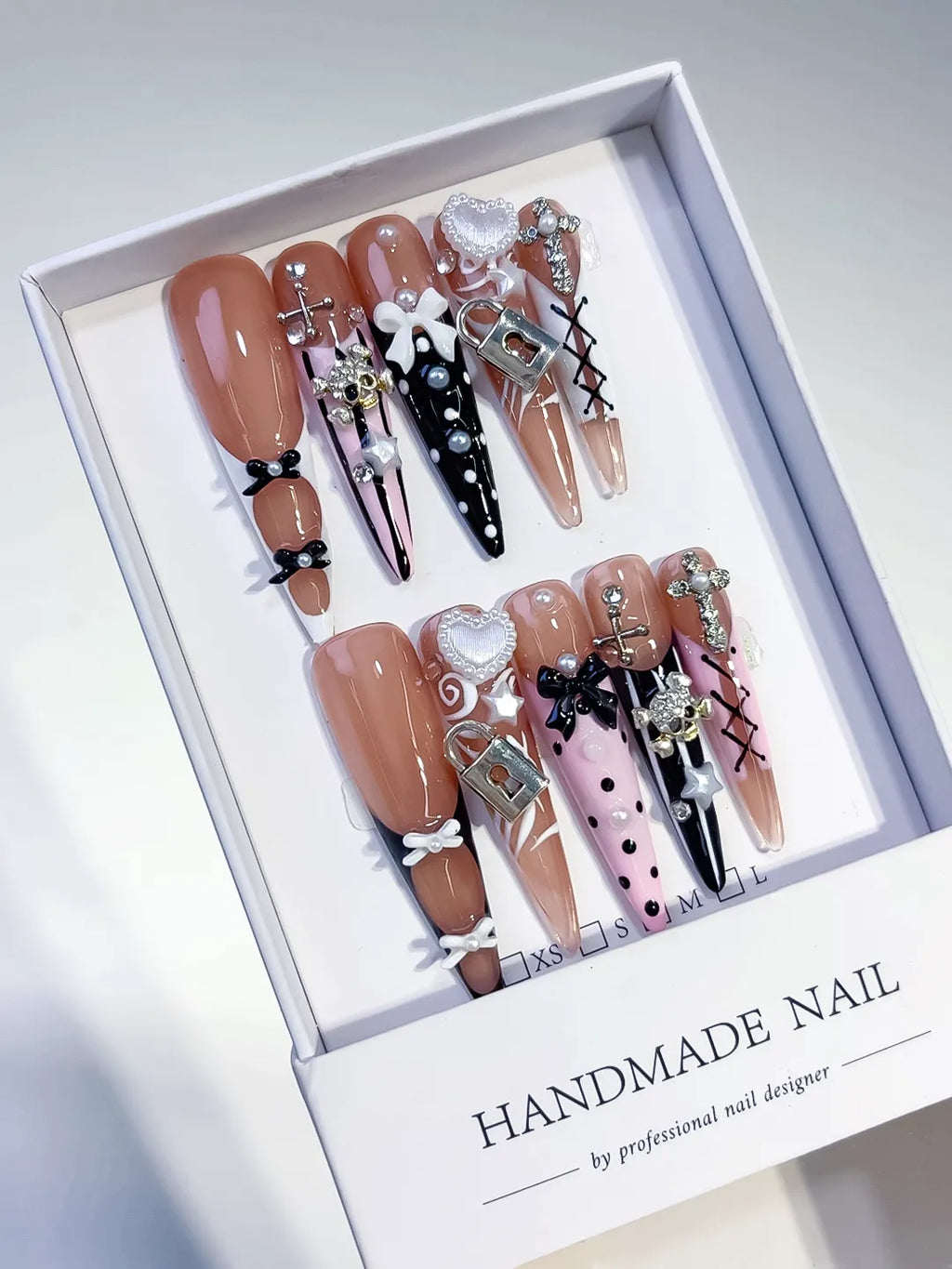 Nude Silver Black Solid color Rhinestone Crystal Cluster press on nails angled view