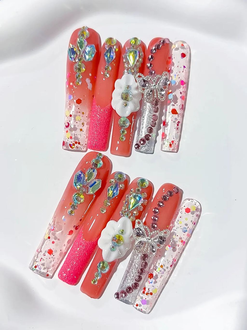 Pink Nude Silver Solid color Rhinestone Crystal Cluster press on nails close up