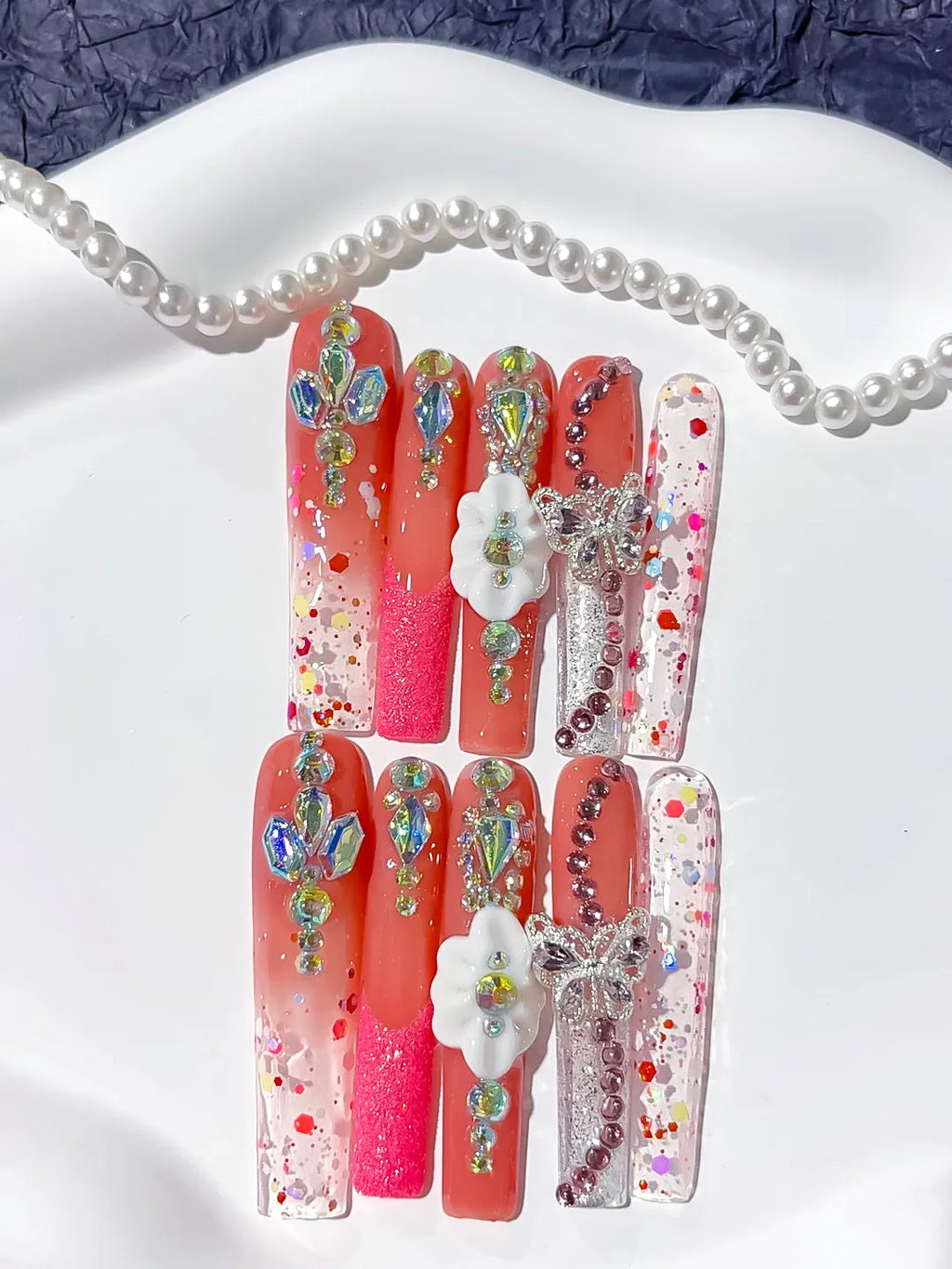 Pink Nude Silver Solid color Rhinestone Crystal Cluster press on nails detail view