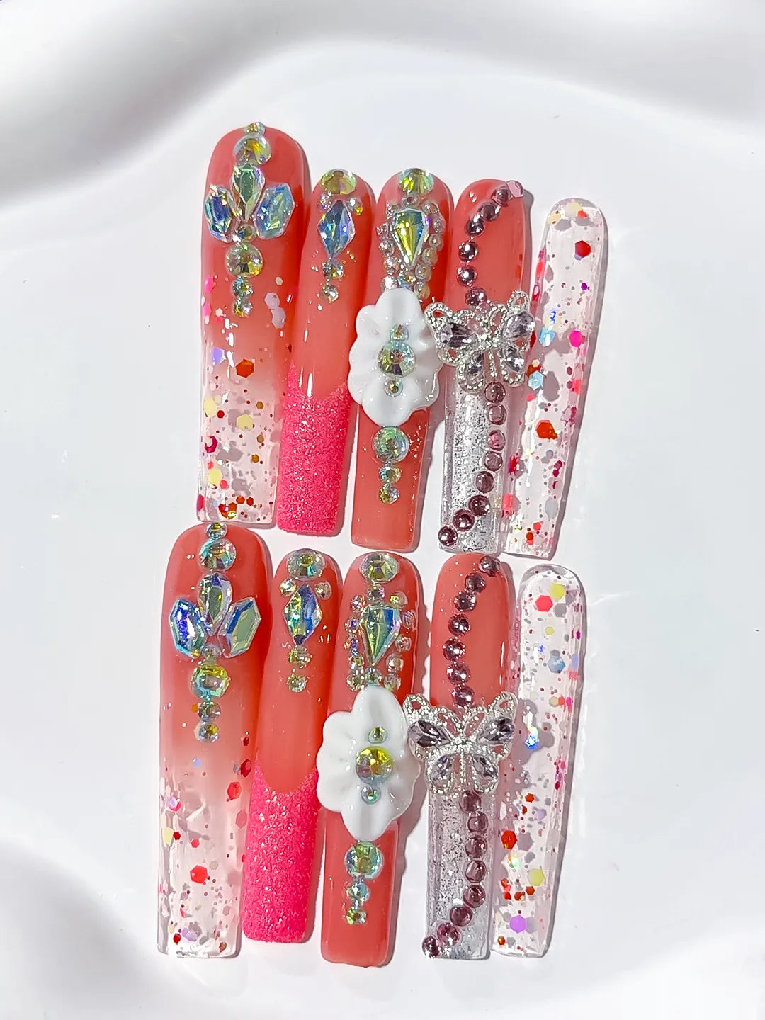 Pink Nude Silver Solid color Rhinestone Crystal Cluster press on nails detail view