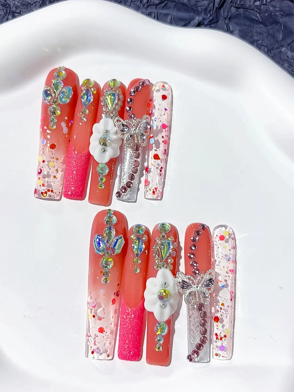 Pink Nude Silver Solid color Rhinestone Crystal Cluster press on nails detail view