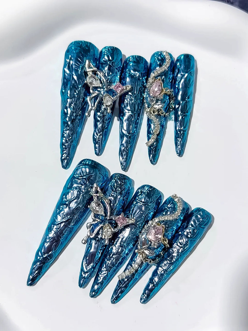 Blue Silver Glitter Rhinestone press on nails close up