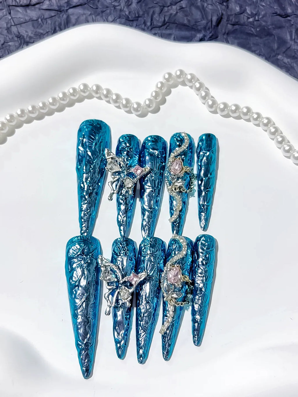 Blue Silver Glitter Rhinestone press on nails detail view