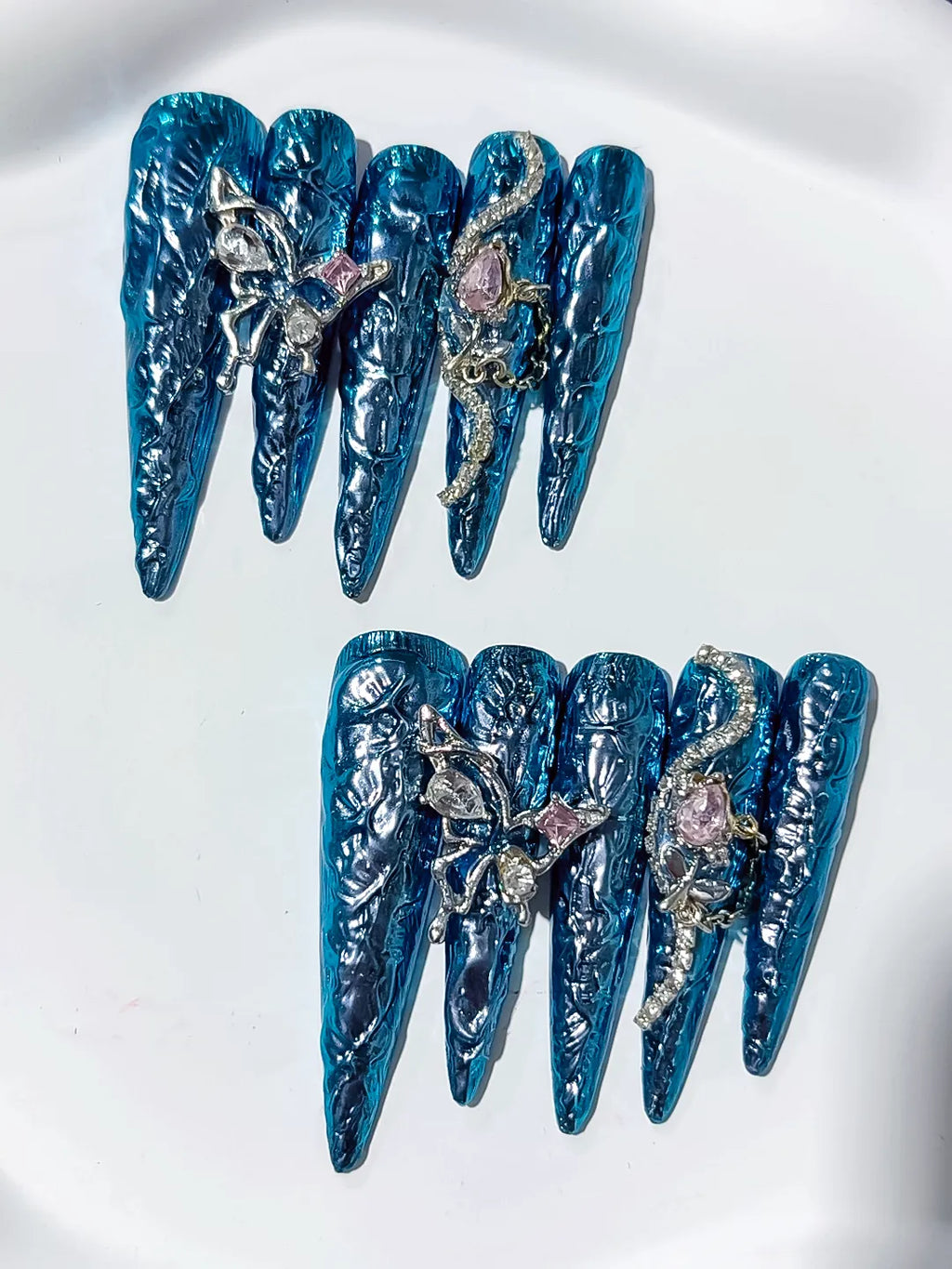 Blue Silver Glitter Rhinestone press on nails detail view