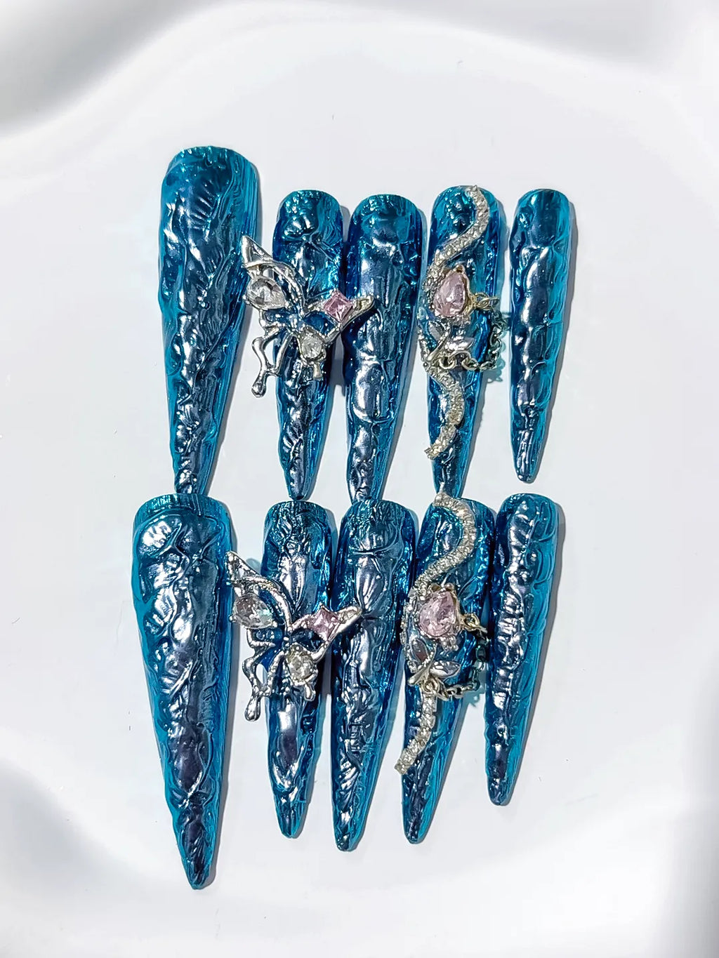Blue Silver Glitter Rhinestone press on nails detail view
