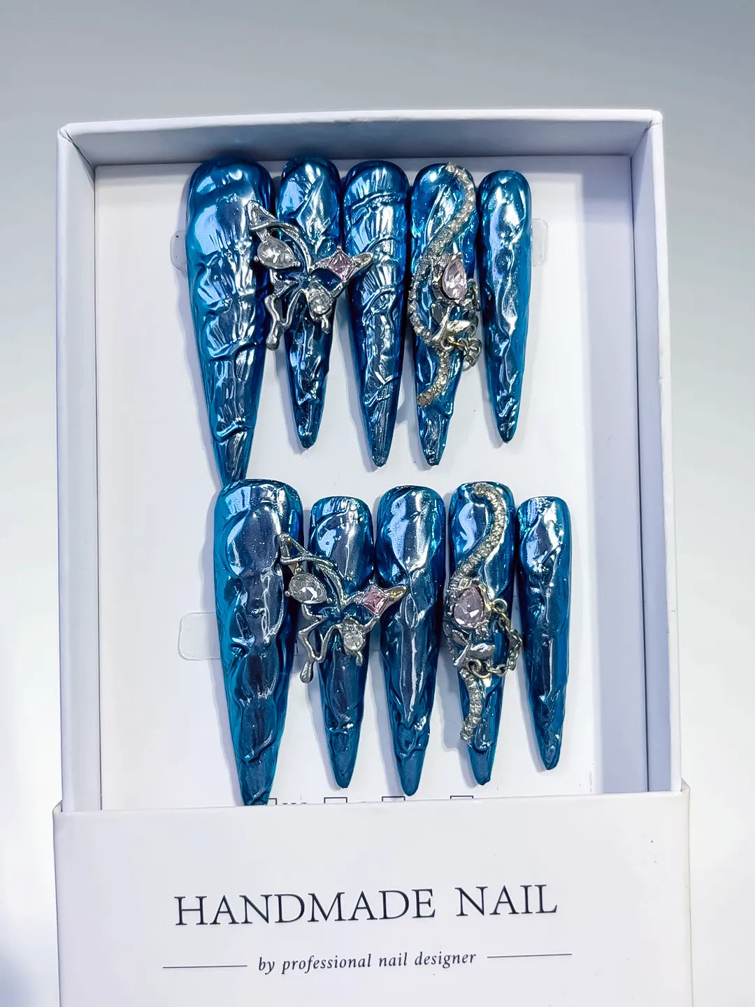 Blue Silver Glitter Rhinestone press on nails full set view