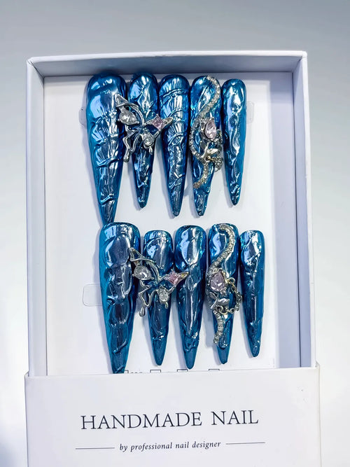 Blue Silver Glitter Rhinestone press on nails full set view