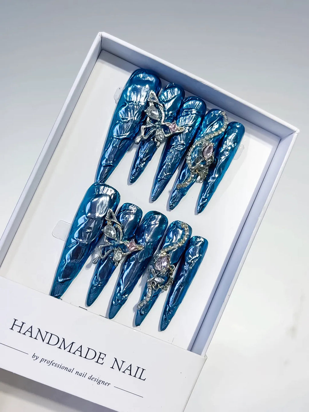 Blue Silver Glitter Rhinestone press on nails