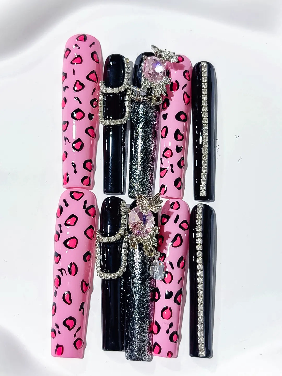Pink Black Silver Abstract Animal Print Linework press on nails close up