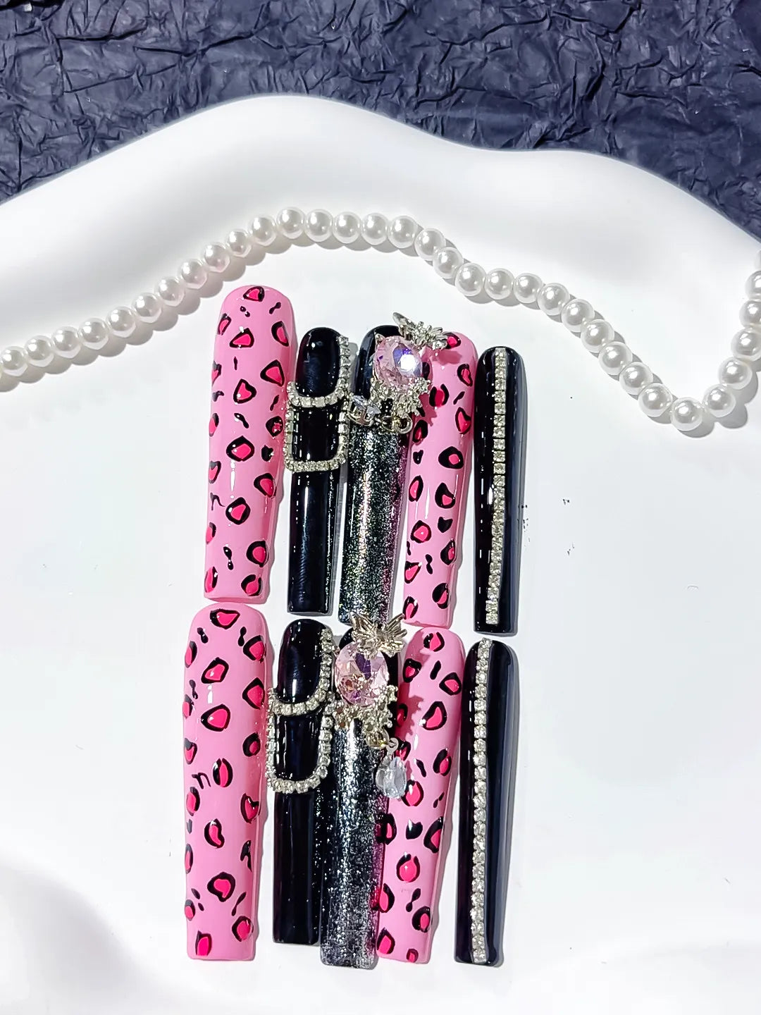 Pink Black Silver Abstract Animal Print Linework press on nails detail view