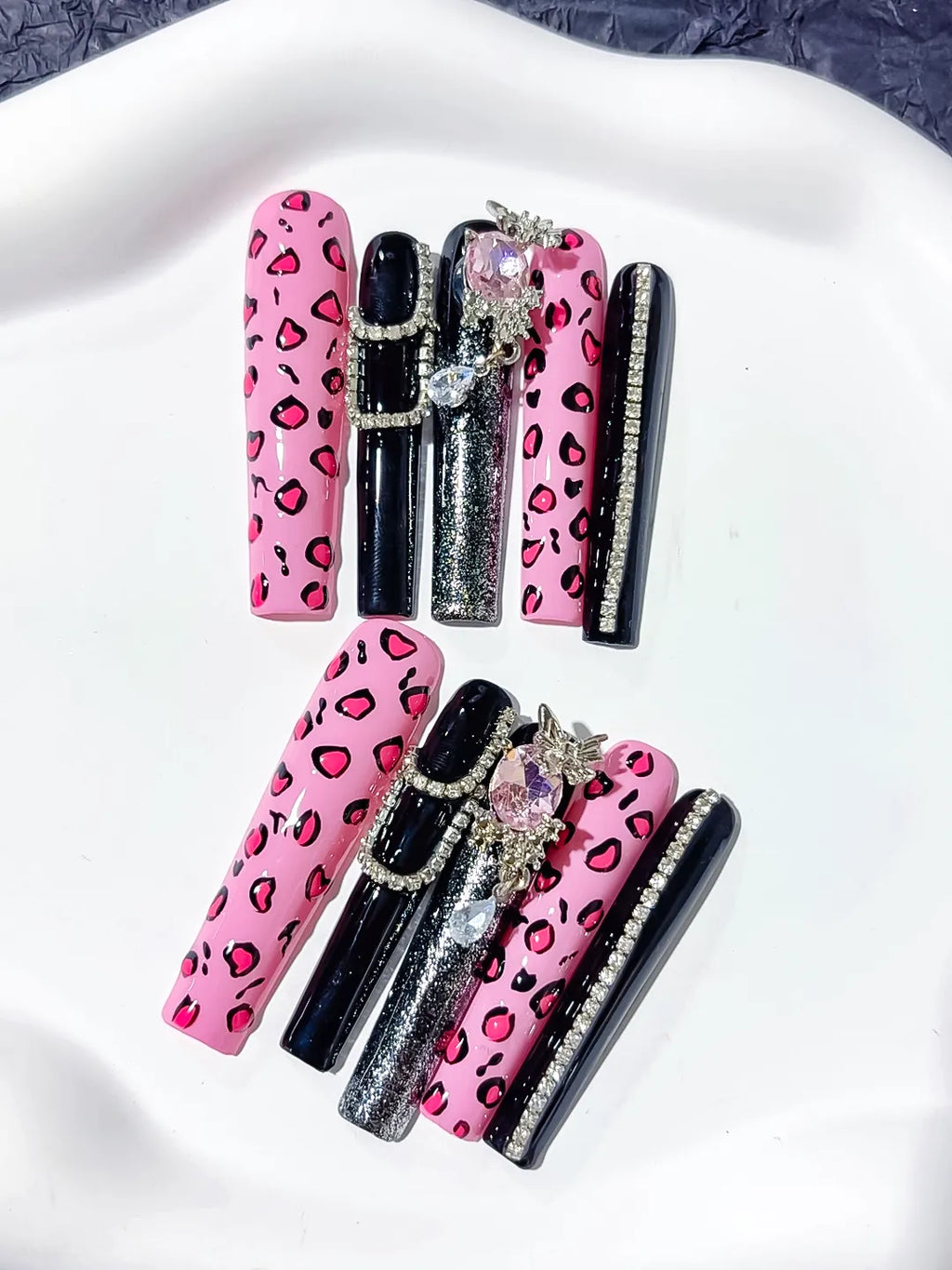 Pink Black Silver Abstract Animal Print Linework press on nails detail view