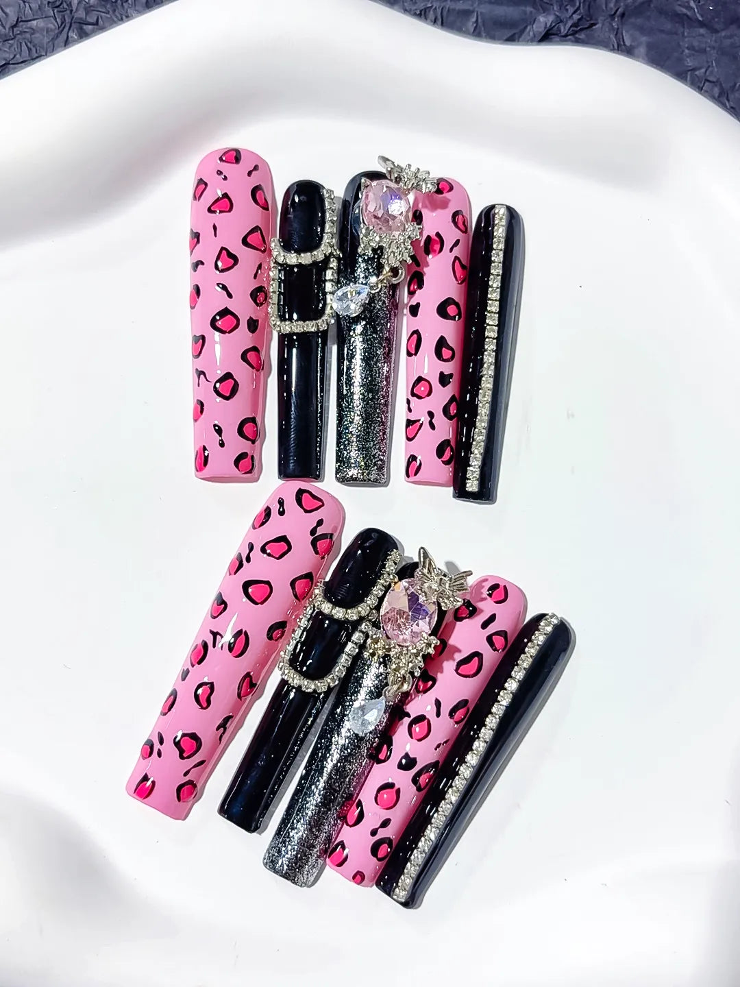 Pink Black Silver Abstract Animal Print Linework press on nails detail view