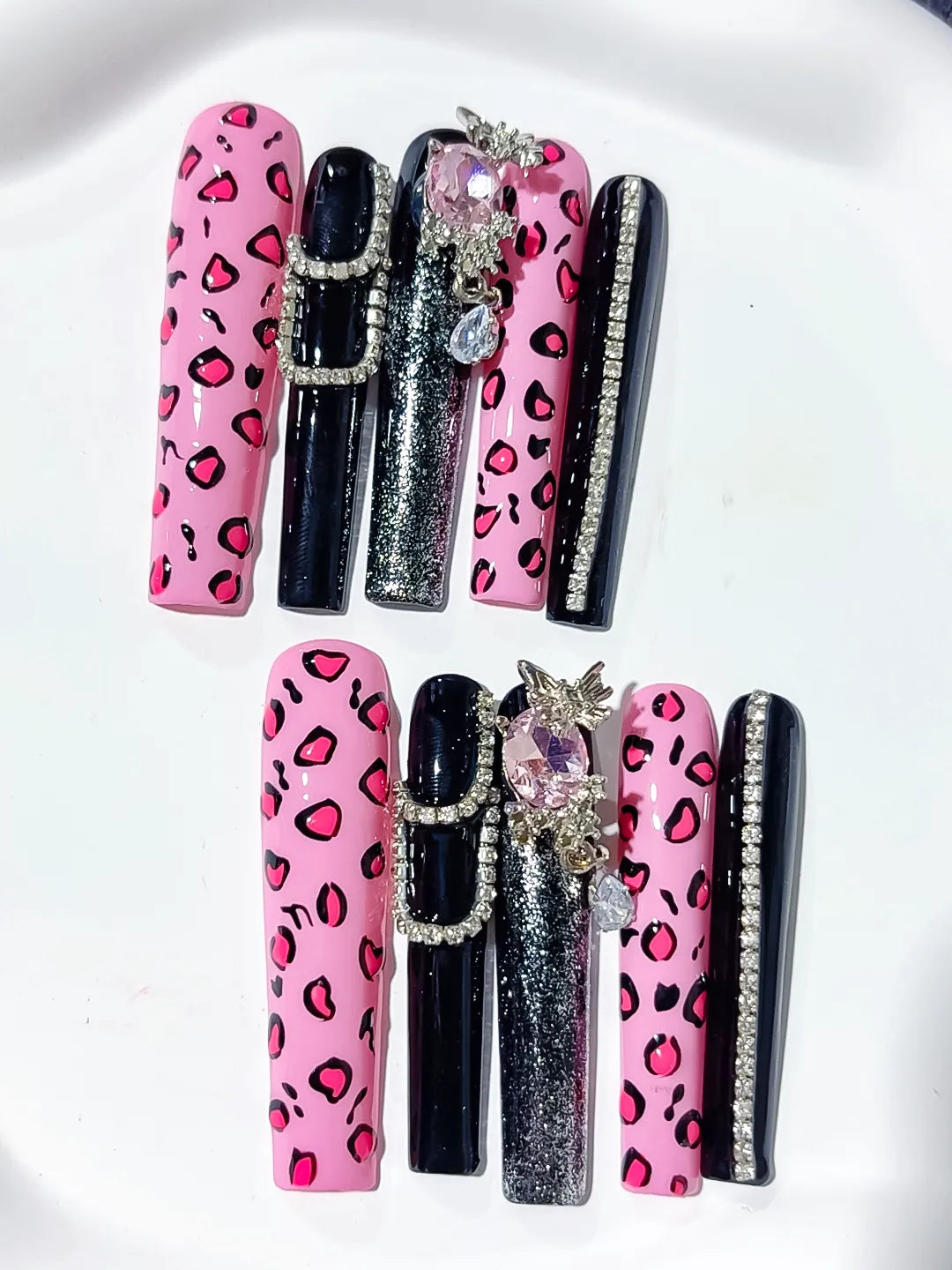 Pink Black Silver Abstract Animal Print Linework press on nails detail view