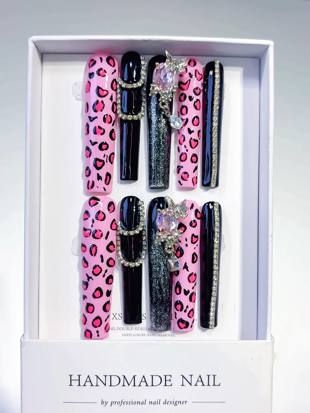 Pink Black Silver Abstract Animal Print Linework press on nails full set view