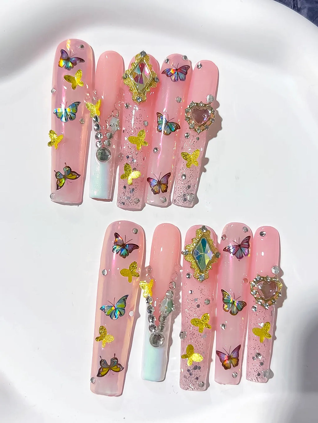 Pink Nude Silver Solid color Heart Rhinestone Crystal Cluster press on nails close up