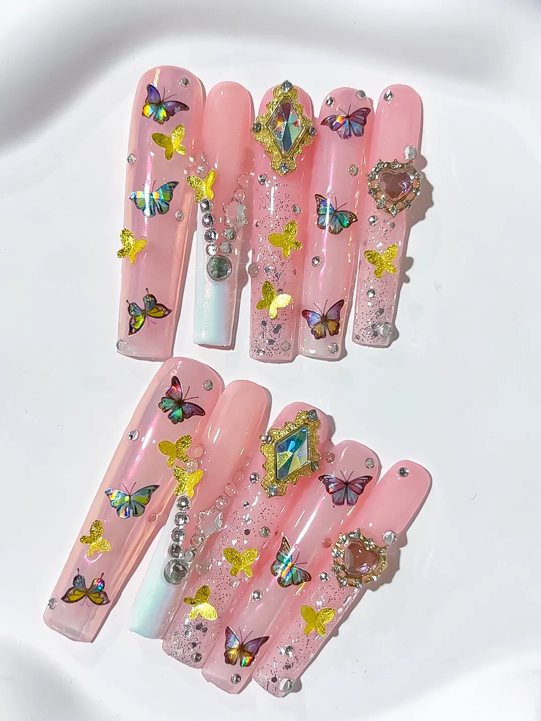 Pink Nude Silver Solid color Heart Rhinestone Crystal Cluster press on nails detail view