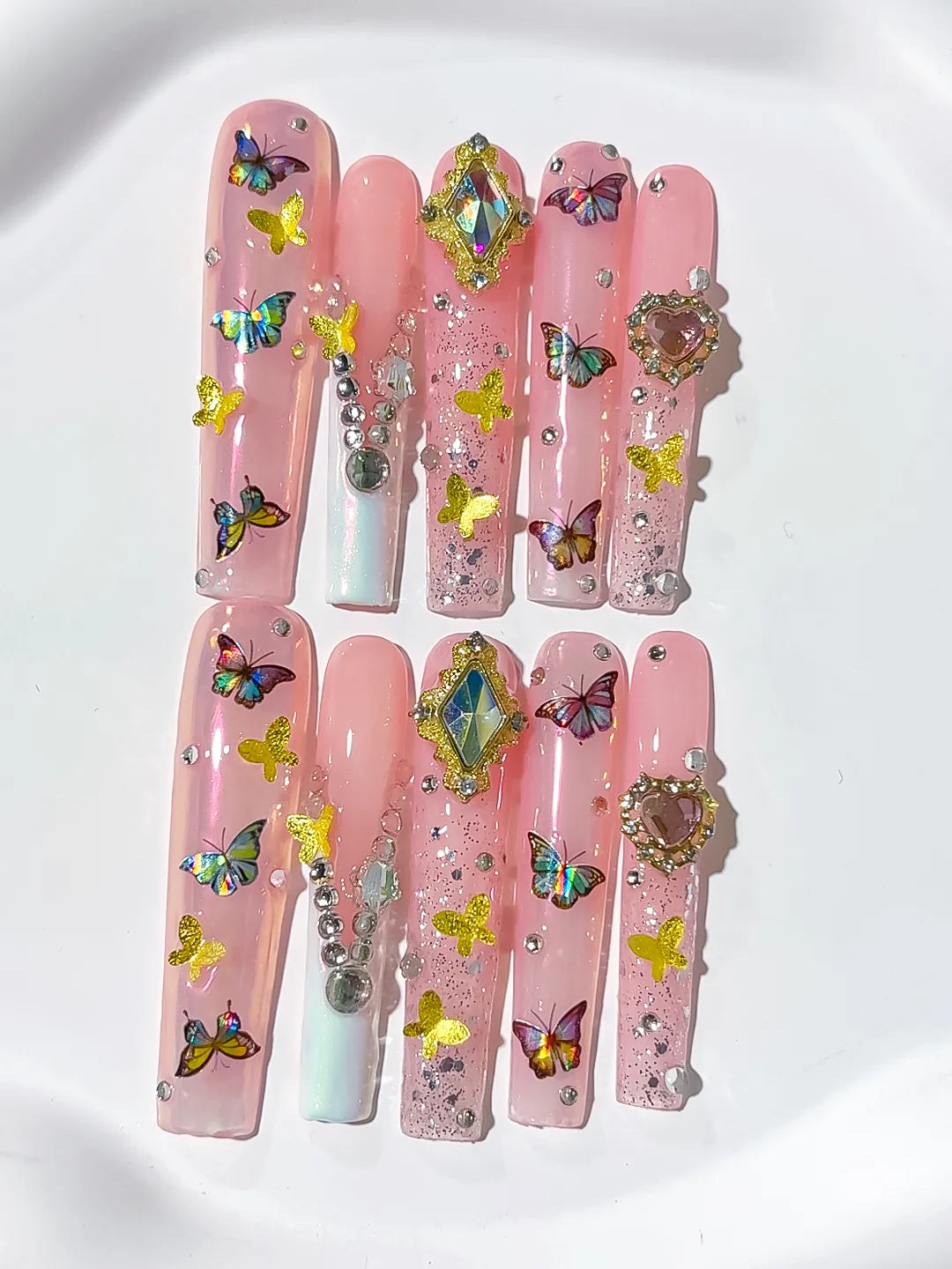 Pink Nude Silver Solid color Heart Rhinestone Crystal Cluster press on nails detail view