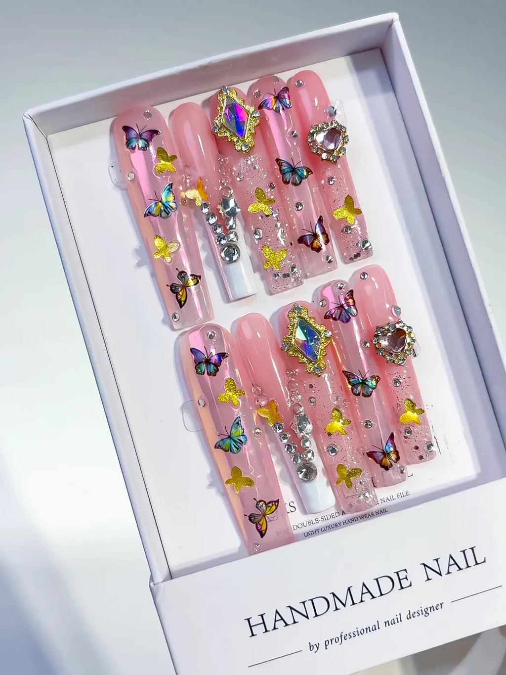 Pink Nude Silver Solid color Heart Rhinestone Crystal Cluster press on nails angled view