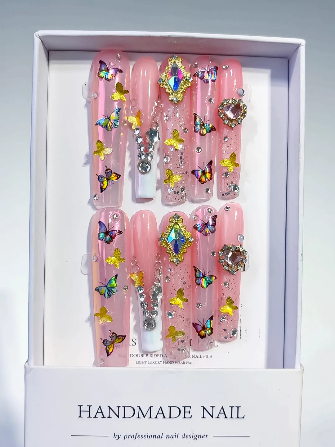 Pink Nude Silver Solid color Heart Rhinestone Crystal Cluster press on nails full set view