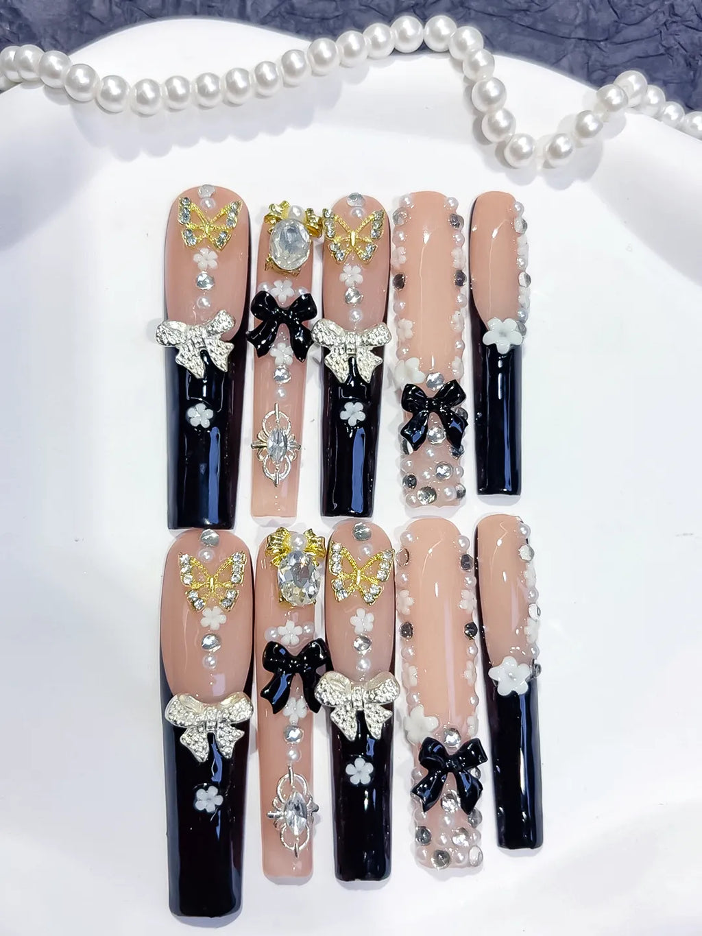 Nude Black White Gold Solid color Flower Rhinestone Metallic Accent press on nails detail view