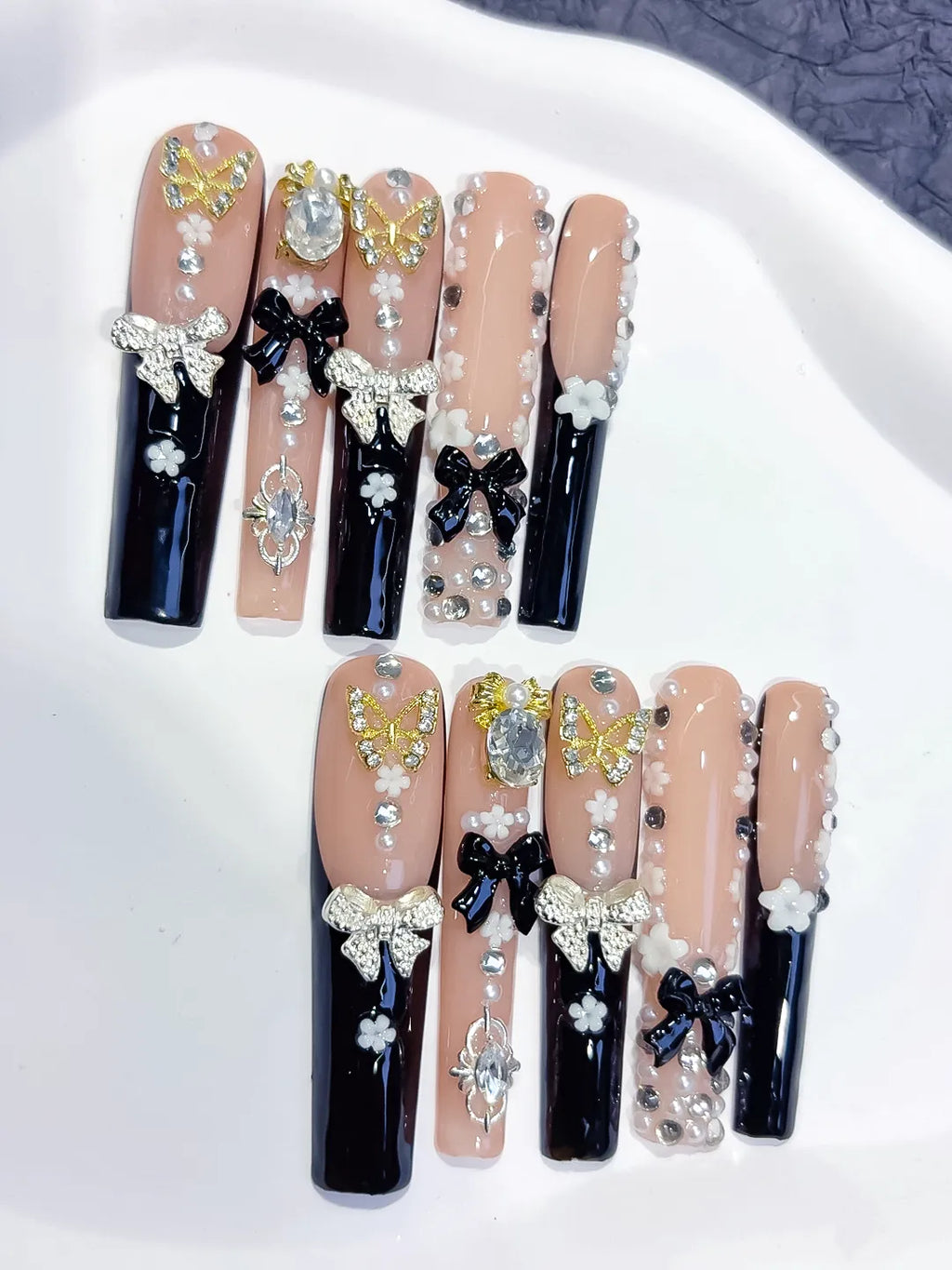 Nude Black White Gold Solid color Flower Rhinestone Metallic Accent press on nails detail view