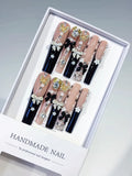 Nude Black White Gold Solid color Flower Rhinestone Metallic Accent press on nails
