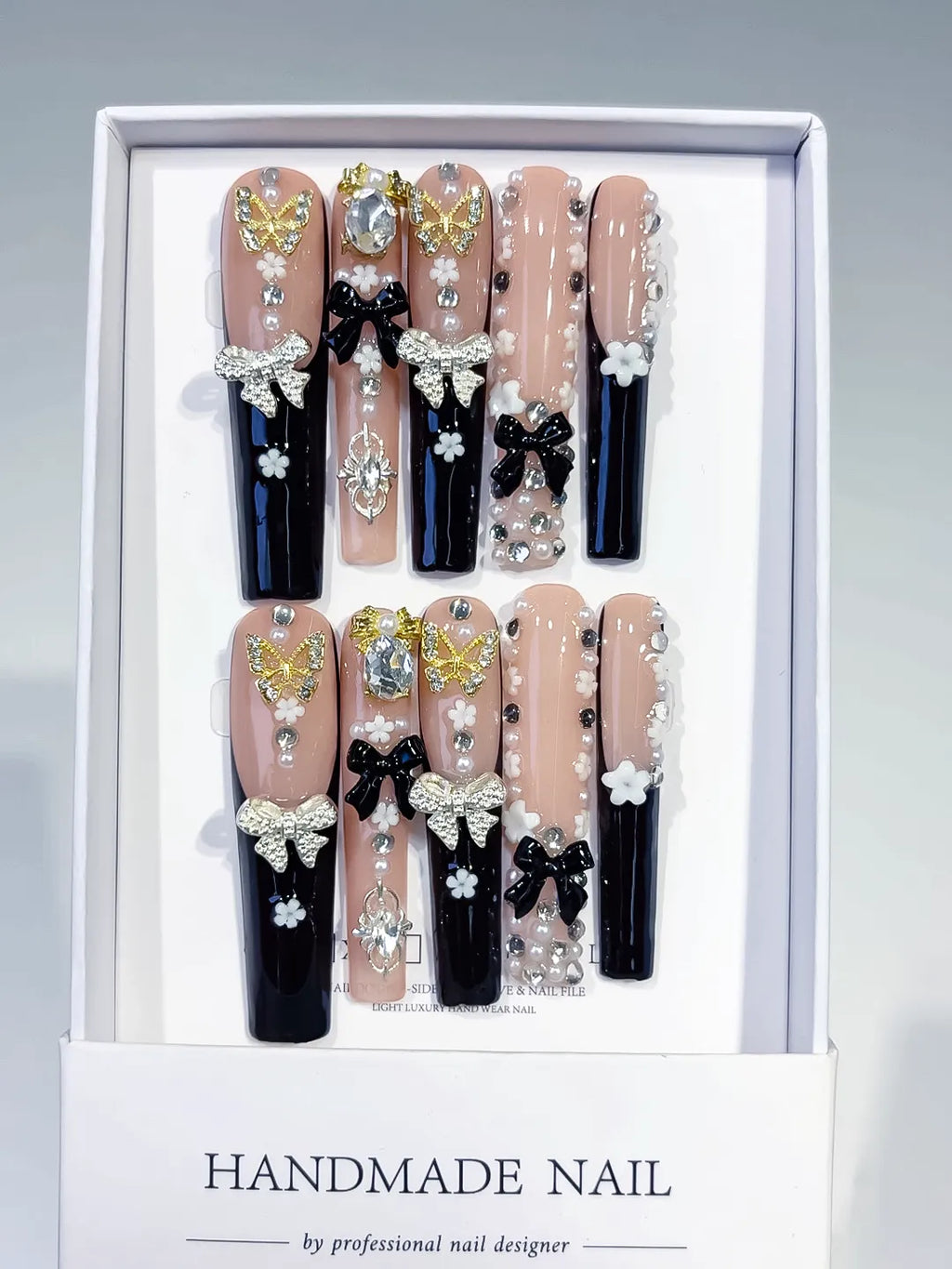 Nude Black White Gold Solid color Flower Rhinestone Metallic Accent press on nails full set view