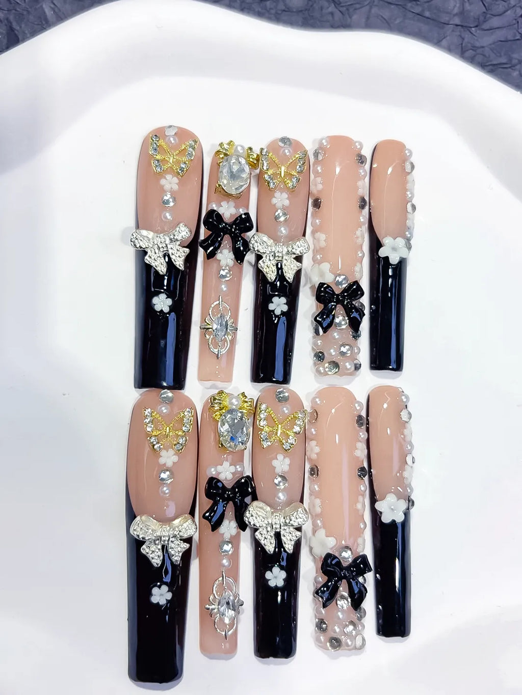 Nude Black White Gold Solid color Flower Rhinestone Metallic Accent press on nails detail view