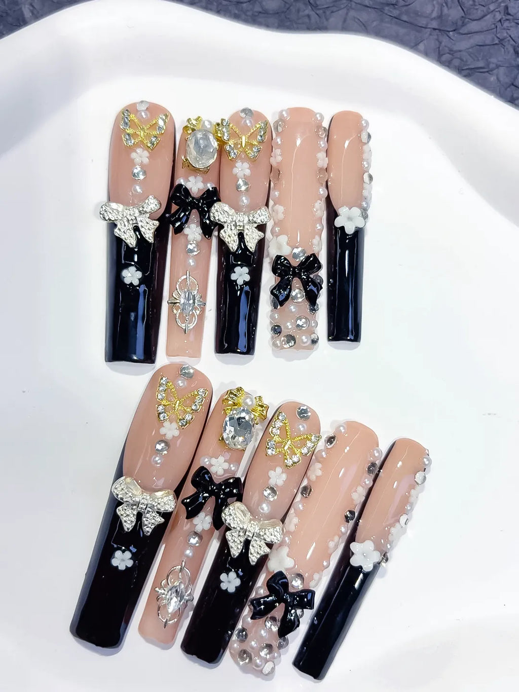 Nude Black White Gold Solid color Flower Rhinestone Metallic Accent press on nails close up
