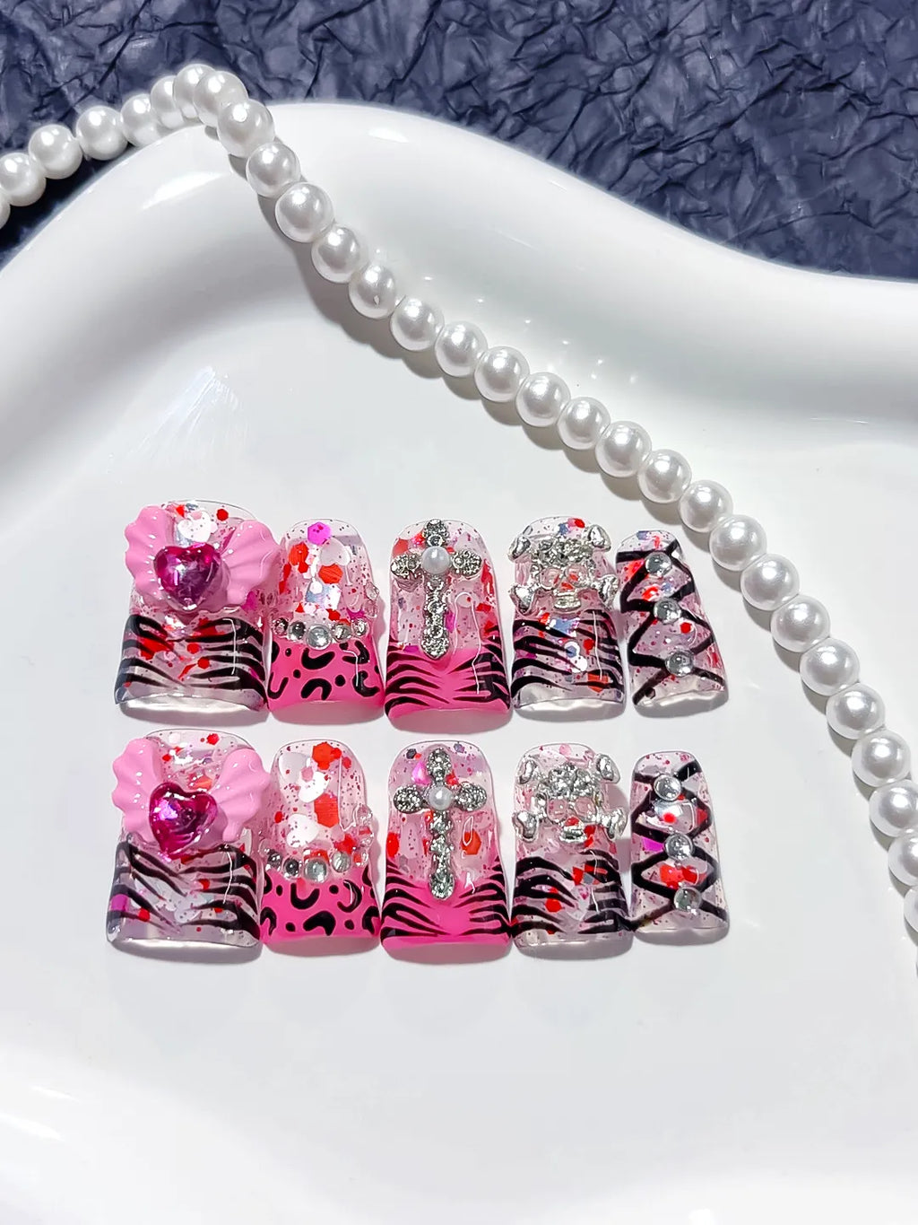 Pink White Solid color Flower Rhinestone 3D press on nails close up