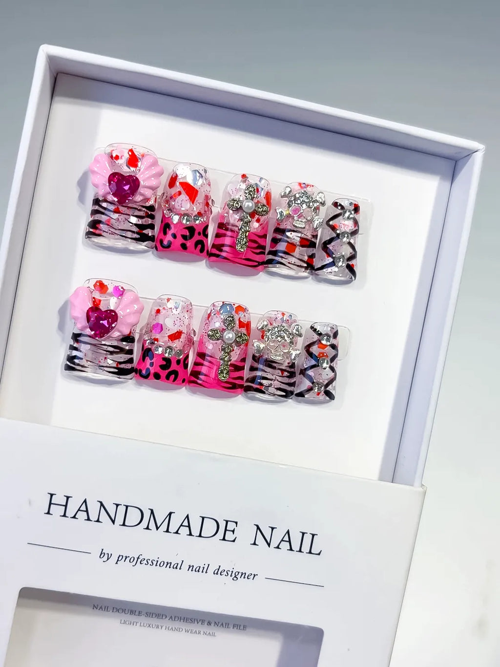 Pink White Solid color Flower Rhinestone 3D press on nails