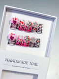Pink White Solid color Flower Rhinestone 3D press on nails
