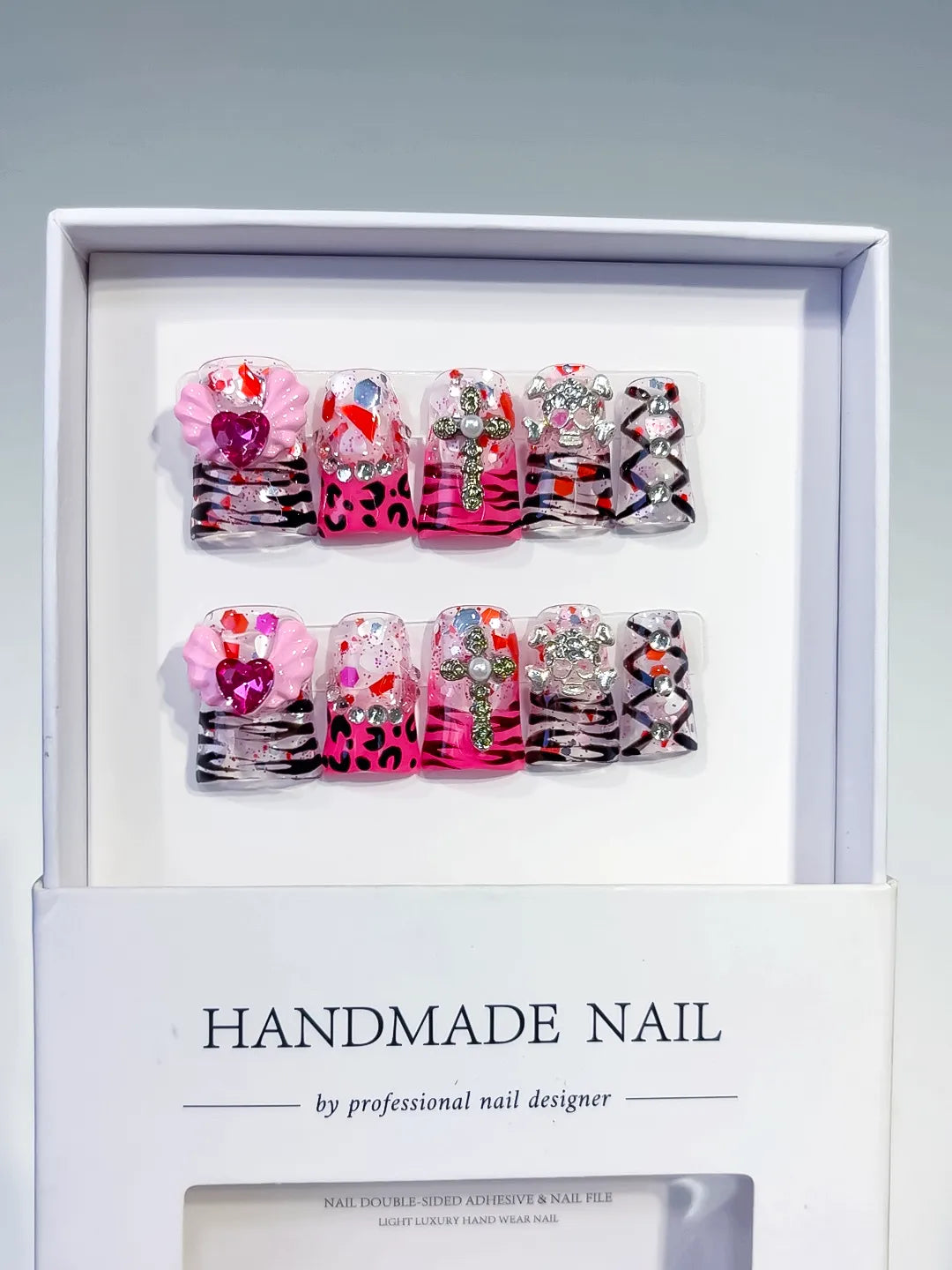 Pink White Solid color Flower Rhinestone 3D press on nails full set view