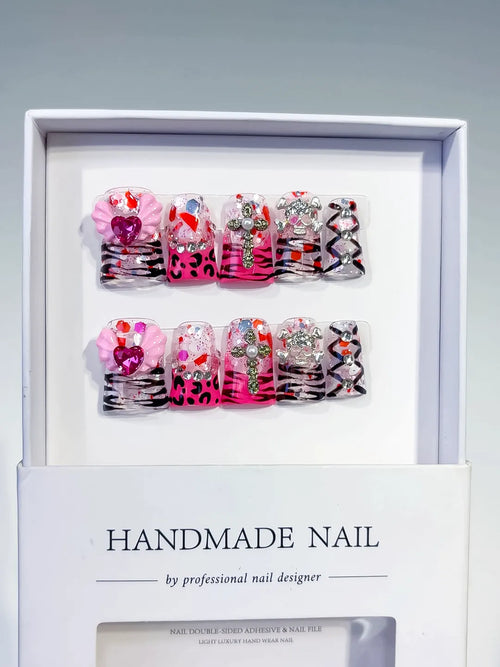 Pink White Solid color Flower Rhinestone 3D press on nails full set view