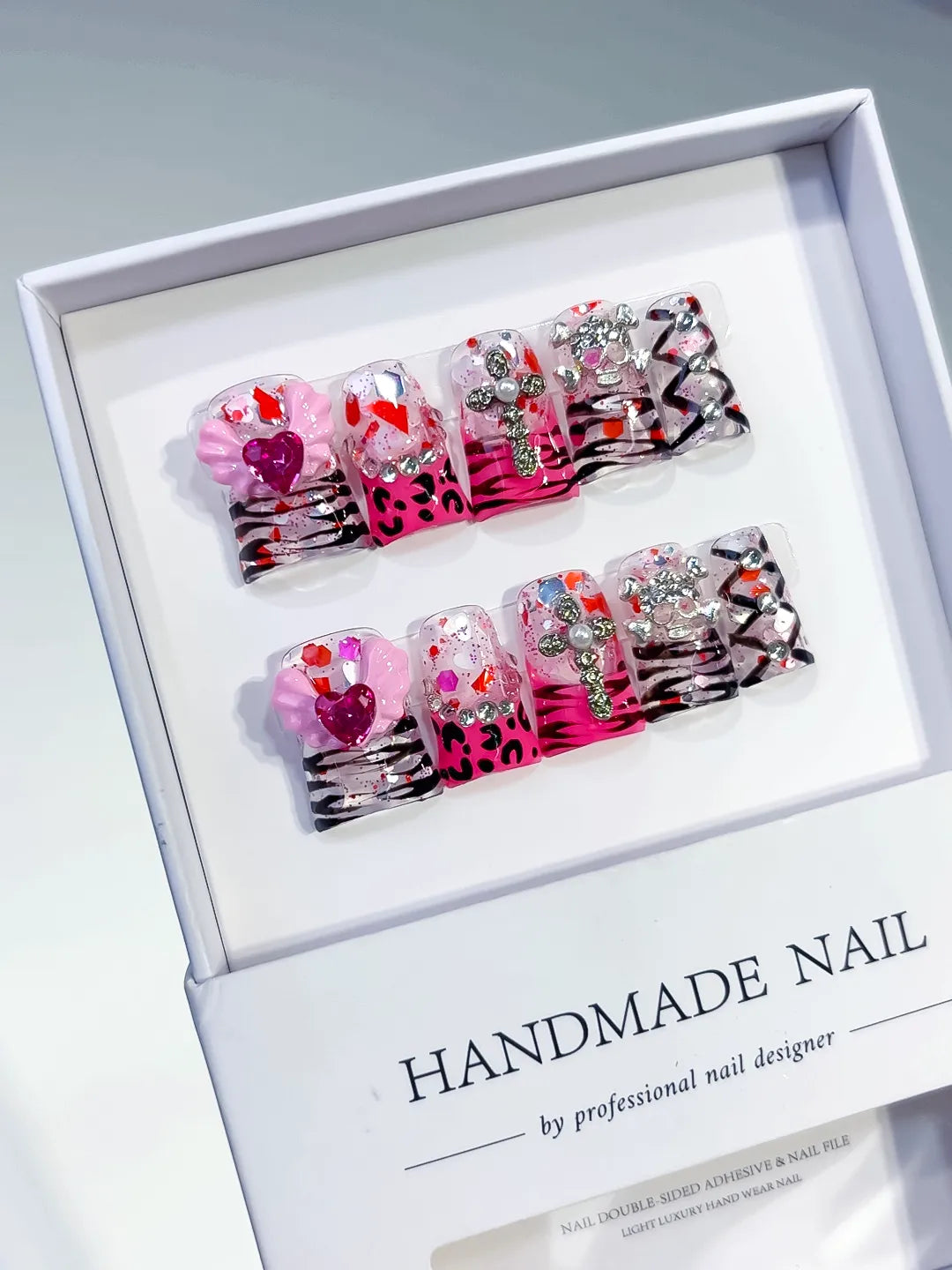 Pink White Solid color Flower Rhinestone 3D press on nails angled view