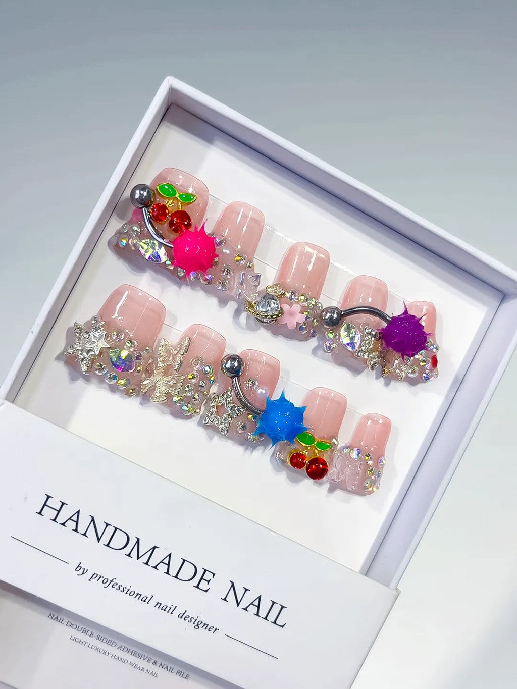 Nude White Blue Pink Red Yellow Abstract Flower Bead 3D press on nails