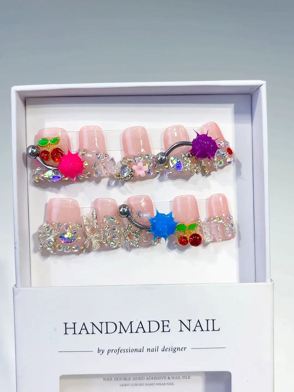 Nude White Blue Pink Red Yellow Abstract Flower Bead 3D press on nails full set view