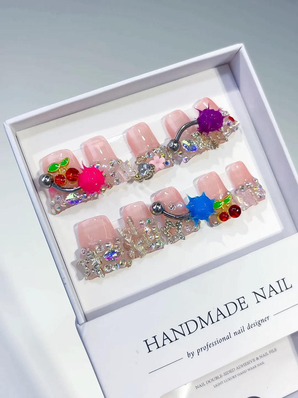 Nude White Blue Pink Red Yellow Abstract Flower Bead 3D press on nails angled view