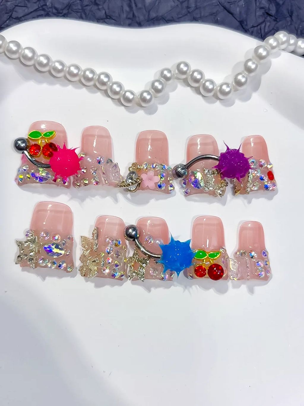 Nude White Blue Pink Red Yellow Abstract Flower Bead 3D press on nails close up