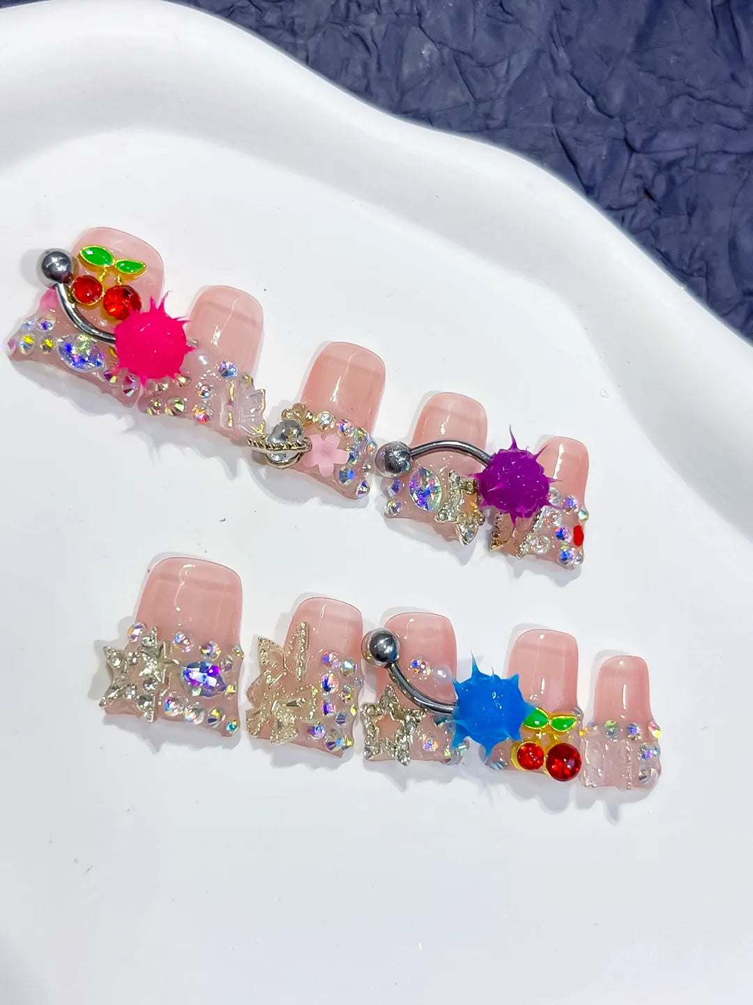 Nude White Blue Pink Red Yellow Abstract Flower Bead 3D press on nails detail view